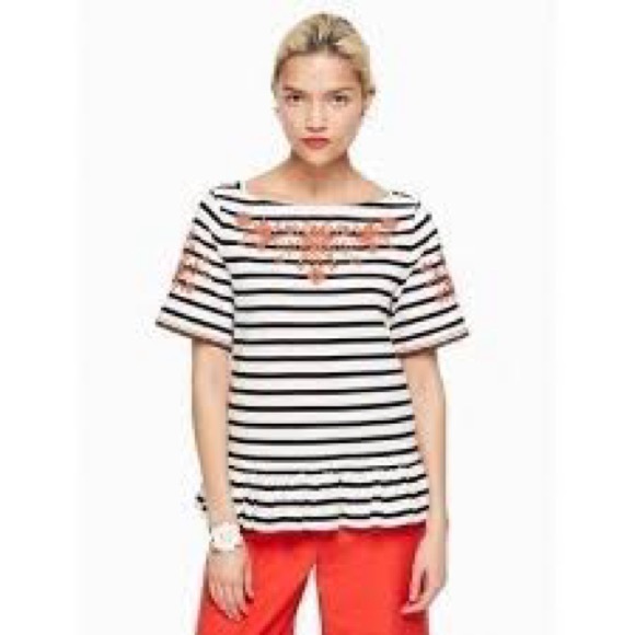 Kate Spade Broome Street Black/White Striped & Embroidered Top - Picture 3 of 16